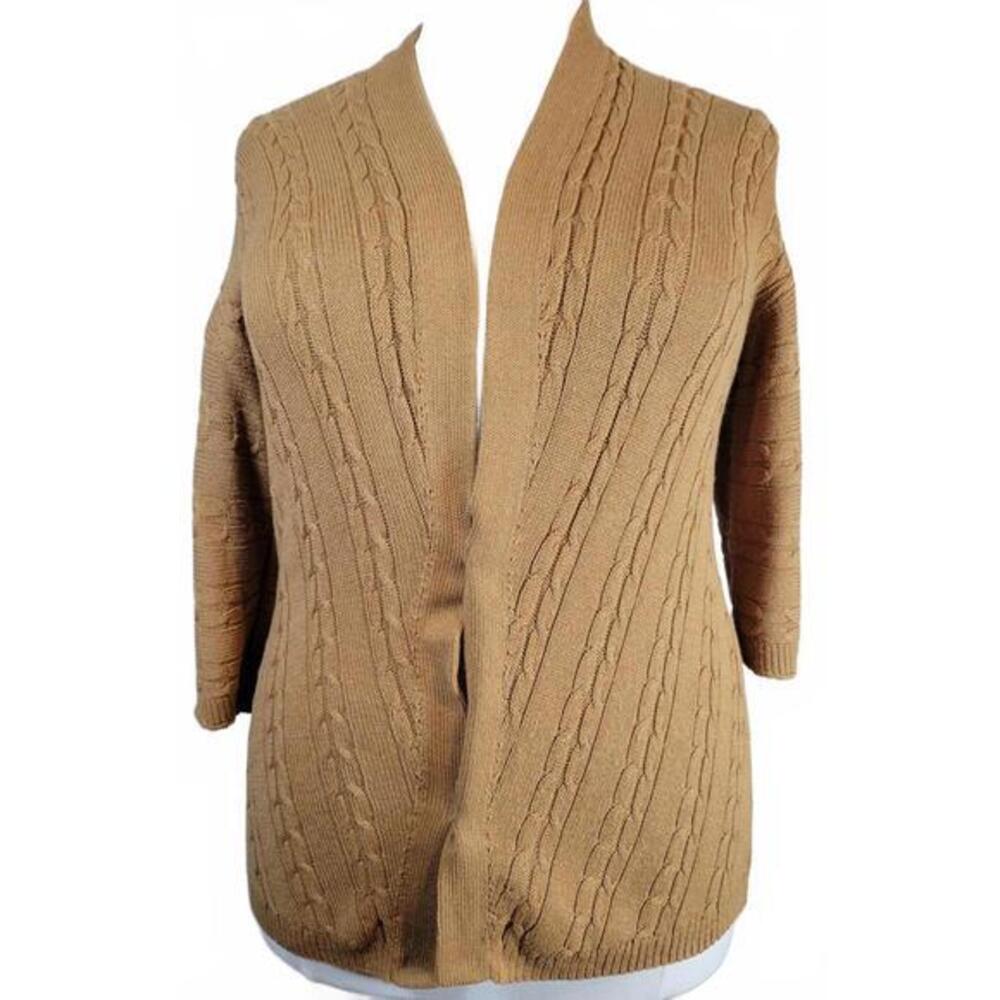J. Jill Women Medium Petite Camel Brown Cable Knit Open Front Cardigan Sweater